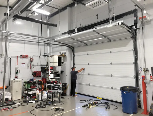Seymour Garage Door Repair certified technician performing commercial door repair at a Seymour business facility