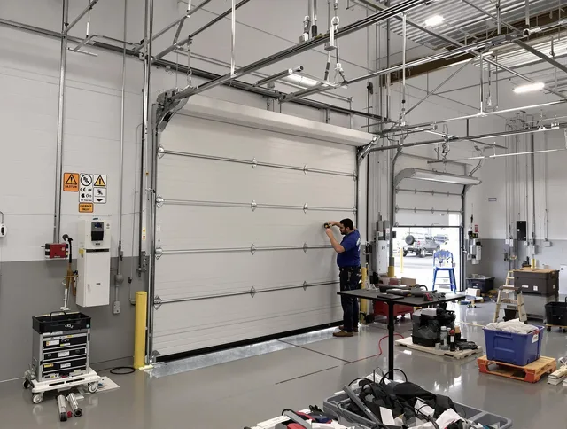 Commercial garage door repair being performed by Seymour Garage Door Repair expert in Seymour