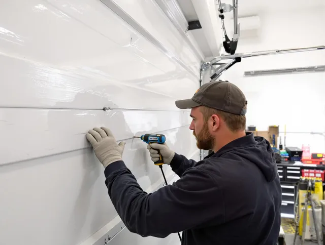 Seymour Garage Door Repair technician demonstrating precision dent removal techniques on a Seymour garage door