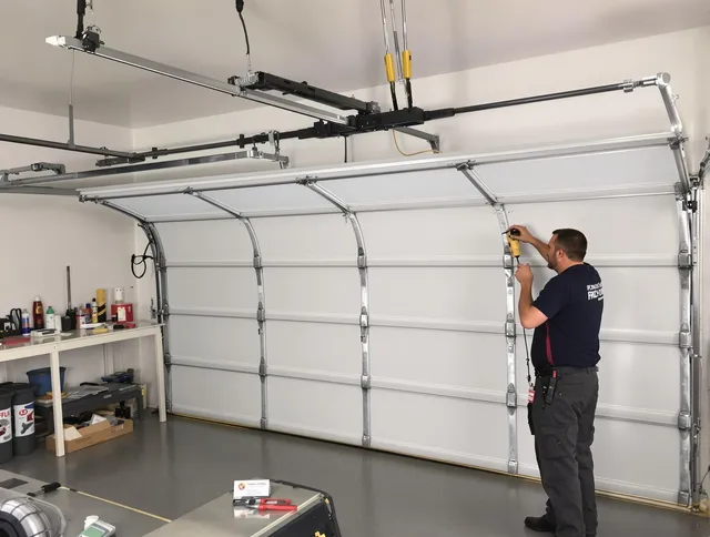 Seymour Garage Door Repair certified technician performing overhead door system repair in Seymour