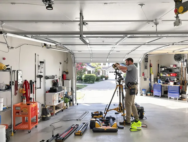 Seymour Garage Door Repair specialist performing laser-guided track alignment in Seymour